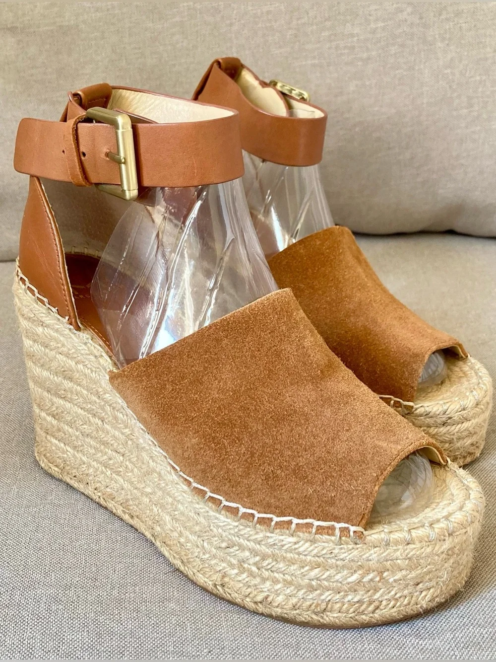 Marc Fisher LTD Adalyn Cognac Suede Leather Espadrille Platform Wedge Sandal 7.5